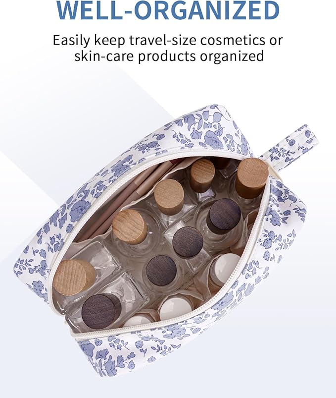 Narwey Cute Makeup Bag Small Toiletry Bag Travel Cosmetic Bag Organizer Make Up Bags with Organized Pockets for Women (Little Grayish Blue Flower, Large)