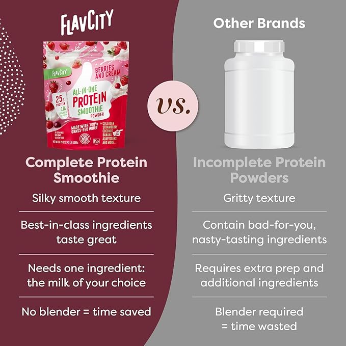 FlavCity Grass Fed Whey Protein Powder - Berries & Cream - 25g Protein & 10g Collagen - Made with Organic Strawberries & Coconut Milk - Gluten Free & No Added Sugars (20 Servings)