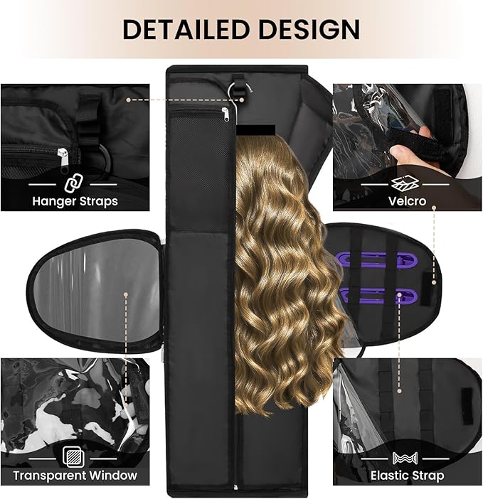 Wig Storage Bag Holds 3 Wigs Hair Tools Travel Bag Full-Open Breathable Organizer Case for Clips, Hair Dryer, Flat Curling Iron Brushes,Cosmetic Toiletry Tote Christmas Gift for Women Stylist