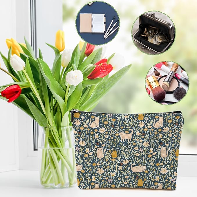 4 Packs Retro Flowers Makeup Bag Garden Cat Forest Animals Cosmetic Bag Friendship Gifts for Women Girls Sister Mom Botanical Travel Organizer Zipper Pouch Christmas Thanksgiving Birthday Gifts