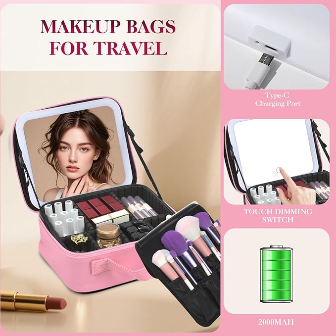 Travel Makeup Bag With LED Mirror,Cosmetic Train Case with 3 Color Setting,Cosmetic Makeup Organizer Bag with Adjustable Dividers,Portable Make up Box with Make up Brushes Holder Storage（Pink）