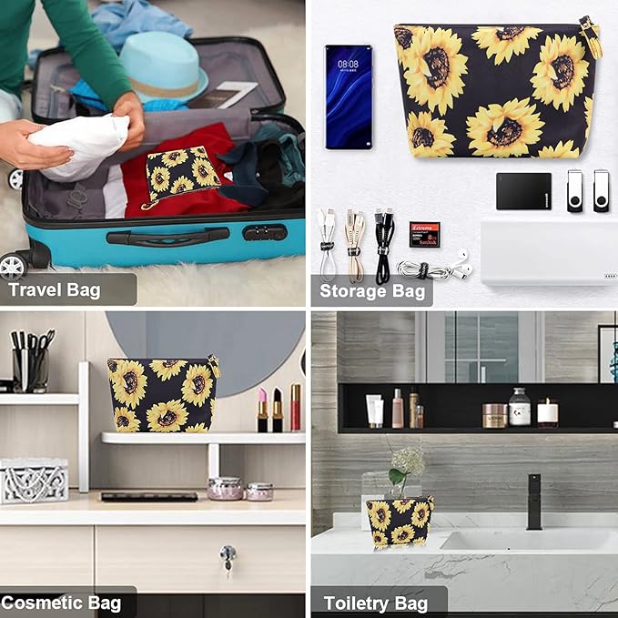 Cosmetic Bag for Women Make up Storage Pouch Case Portable Zipper Travel Accessories Organizer for Toiletry Water Repellent, Sunflower