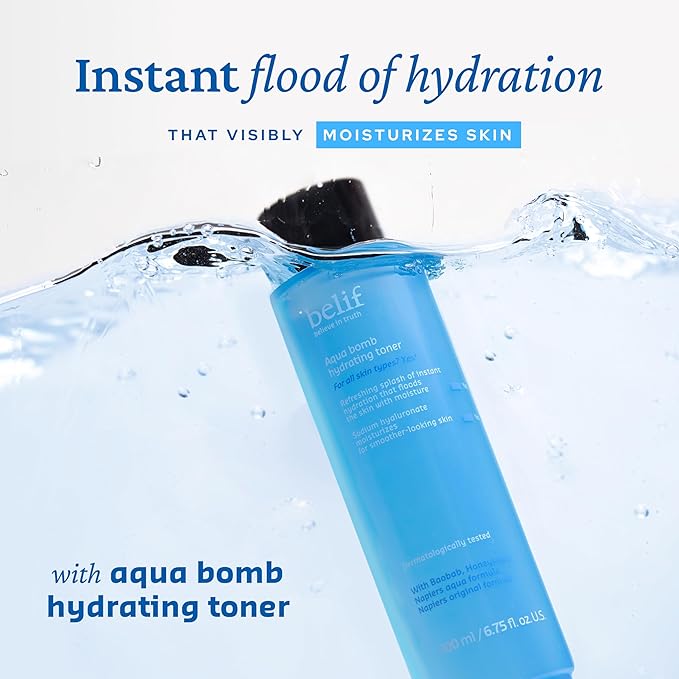 belif Niacinamide Hydrating Toner – Aqua Bomb Lightweight Cooling Toner with Hyaluronic Acid, Soothing and Balancing Formula, Skin Barrier Repair and Radiant Skin, Korean Skincare, 5.07 fl oz