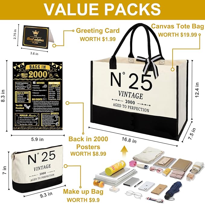25th Birthday Gifts for Women Canvas Tote Bag Travel Gear,Unique 25 Years Old Gifts for Girlfriend Sister Coworker Friends Classmate Her, Vintage N°25 Handbag & Cosmetic Bag & Back in 2000 Poster
