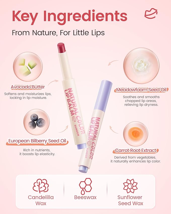 RUNBEN Kids Tinted Lip Balm, Strawberry-Scented Lipstick, 24H Moisturizing, Safe & Non-toxic Lip Gloss for Kids & Teen, Christmas Makeup Gift for Girls, 2g