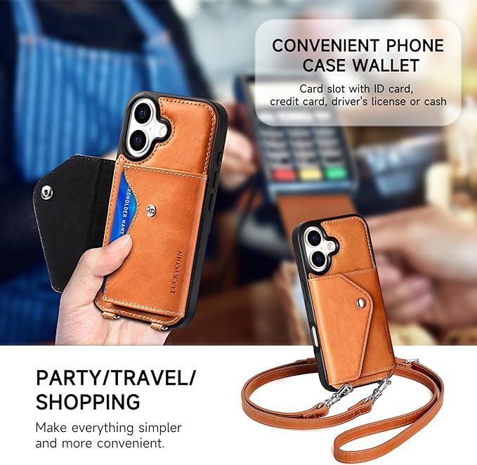 LUCKYCOIN Crossbody Wallet Phone Case for iPhone 17,100% Genuine Leather Wallet Phone Case with Expandable Flip Card Holder,Phone Purse for Women with Adjustable Removable Strap - Tan
