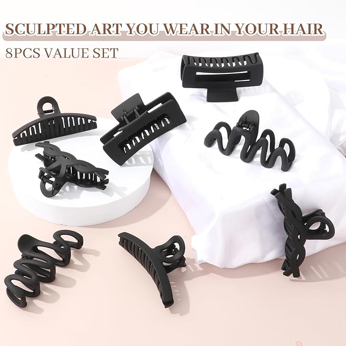 Matte Non-Slip Large Hair Clips for Women 8PCS (All Black), Durable Claw Clips for Women/Girls | Gift-Ready Neutral Hair Accessories for Daily & Special Occasions