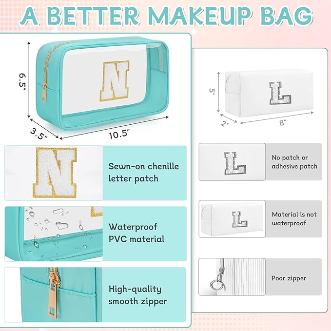 Personalized Initial Clear Makeup Bag, Travel Chenille Patch Cosmetic Bag, Preppy Toiletry Bag Monogram Cosmetic Pouch with Zipper, Ideal Gift for Teen Girls Women (Clear-Green, N)
