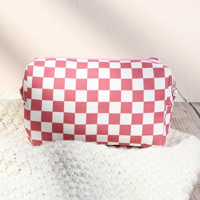 SOIDRAM 2 Pcs Checkered Makeup Bag Large Cosmetic Bag Toiletry Bag Makeup Pouch Travel Bag Organizer Cute Makeup Brushes Aesthetic Accessories Storage Bag for Women Peach Pink