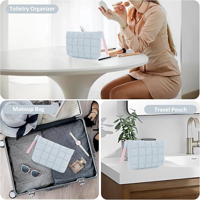 DOB SECHS Puffer Quilted Makeup Bag with Handle Detachable Cute Puffy Cotton Cosmetic Bag, Small Toiletry Zipper Make Up Pouch Purse, Checkered Storage Organizer Clutch Bag, Travel Pouches Case, Blue