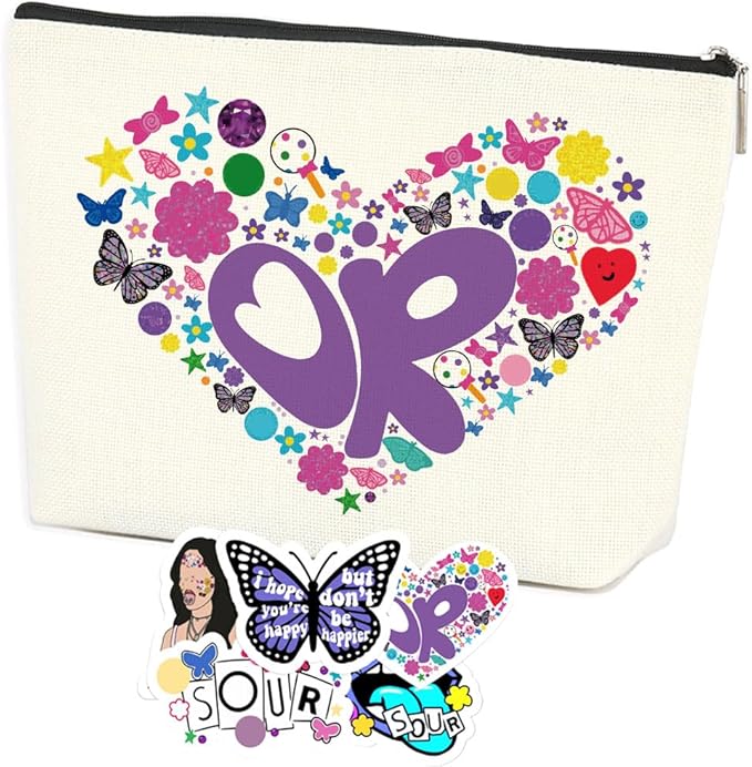 Azteoiz Rodrigo Sour OR Makeup Bag Gift Sour Album Cosmetic Bag 5pcs Stickers Musical Lyrics Fans Gift Makeup Zipper Pouch Bag For Women Girls Music Singer Song Gift