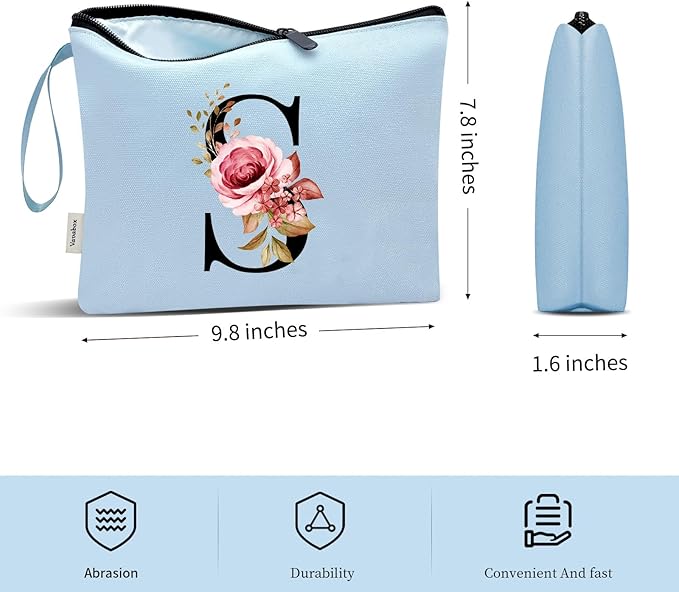 Vavabox A-Z Personalized Makeup Bag, Birthday Gifts for Women Mom, Gifts for Best Friend, Bride Bridesmaid Cosmetic bag (S, Blue)