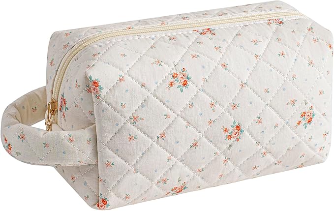 Makeup Bag Travel Cosmetic Bag for Women, Zipper Make Up Pouch, Floral Flowers Toiletry Organizer Makeup with Handle, Cosmetic Travel Cloth Bag (Beige Floral)
