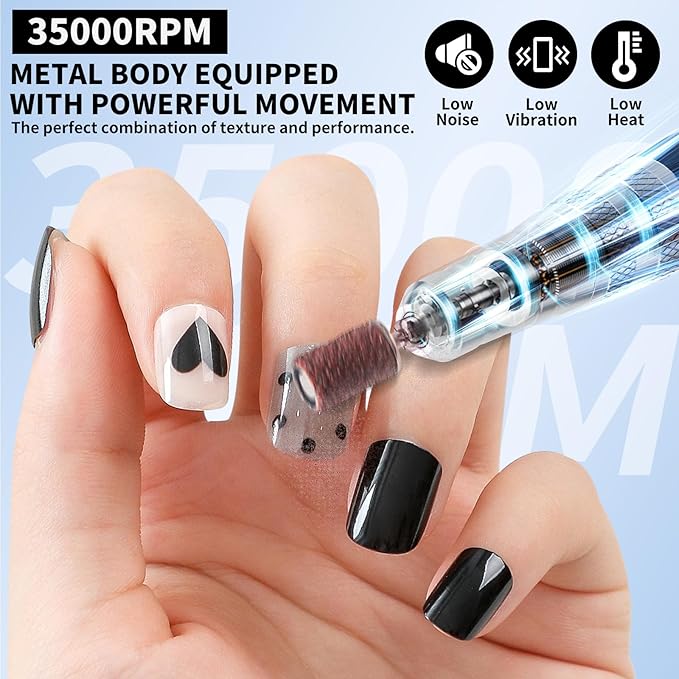 Professional Electric Nail Drill Kit White Portable Rechargeable Cordless Nail File Machine 35000 RPM with 7PCS Bits for Acrylic Gel Powder Nails Polish Pedicure Toenail Tool Salon Set