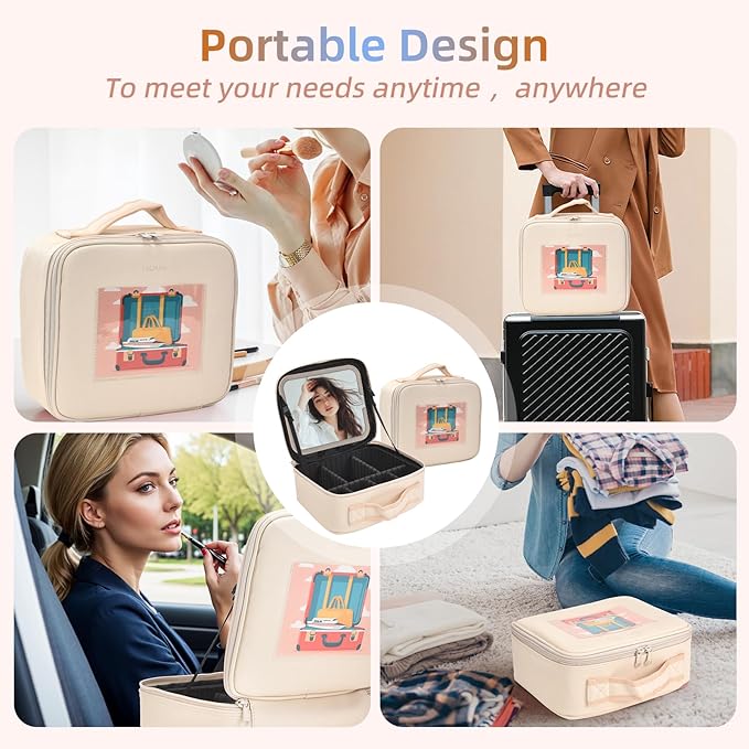 Travel Makeup Bag with LED Mirror,Removable Mirror with 3 Color Modes,Portable makeup travel organizer for Women,Makeup Case with 8 Adjustable EVA Dividers,Cosmetic Train Case with Lighted Mirror