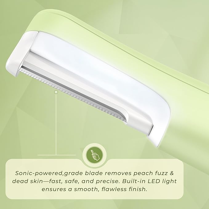 Dermaplane Razor for Women Face, WLU Rechargeable Face Dermaplaning Tool – Peach Fuzz, Facial Hair & Exfoliation Removal, Sonic Technology with LED Light, 3 Speeds & 10 Blades (Green)
