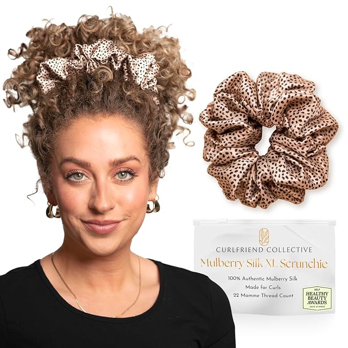 Silk Scrunchies for Ponytail Holders – Oversized Silk Scrunchies – Extra Large No Damage Hair Ties for Curly, Thick, and Thin - Hair Accessories for Women – Leopard/Cheetah Print, XL By Curlfriend