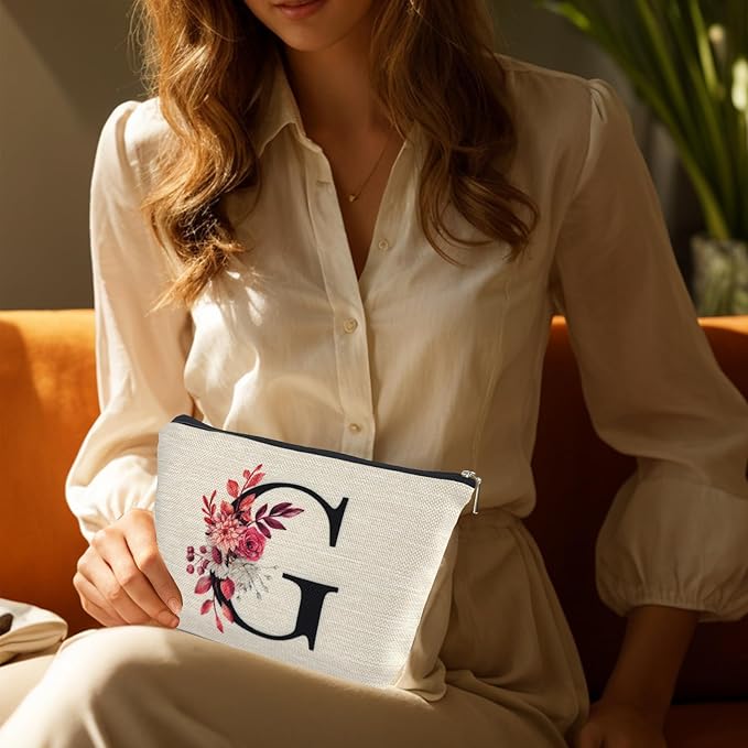 Initial A-Z Personalized Floral Makeup Bag, Monogrammed Birthday Gifts for Women Mom, Mothers Day Christmas Gift Ideas for Best Friend, Bride Bridesmaid, Her, Grandma, Small Travel Cosmetic Bag (G)