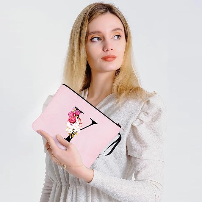 Vavabox A-Z Personalized Makeup Bag, Birthday Gifts for Women Mom, Gifts for Best Friend, Bride Bridesmaid Cosmetic bag (Y, Pink)