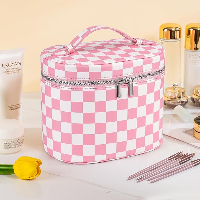 Makeup Bag Vanity Case Cosmetic Bag with Removable Divider Travel Toiletry Bag for Women Portable Make up Box Organizer, Pink and White