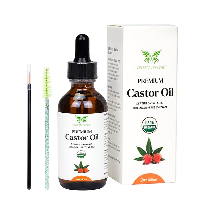 USDA Certified Organic Castor Oil (2 Oz with Essential Bundle - Eyebrow Kit) 100% Pure Natural, Chemical-Free, Hexane-Free, Promote Lash, Brow, and Hair Growth, Skin Hydration