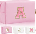Personalized Initial Letter Patch Makeup Bag, Preppy Small Chenille Cosmetic Bag with Zipper, PU Leather Waterproof Travel Toiletry Bag Monogram Make Up Pouch for Women Girls