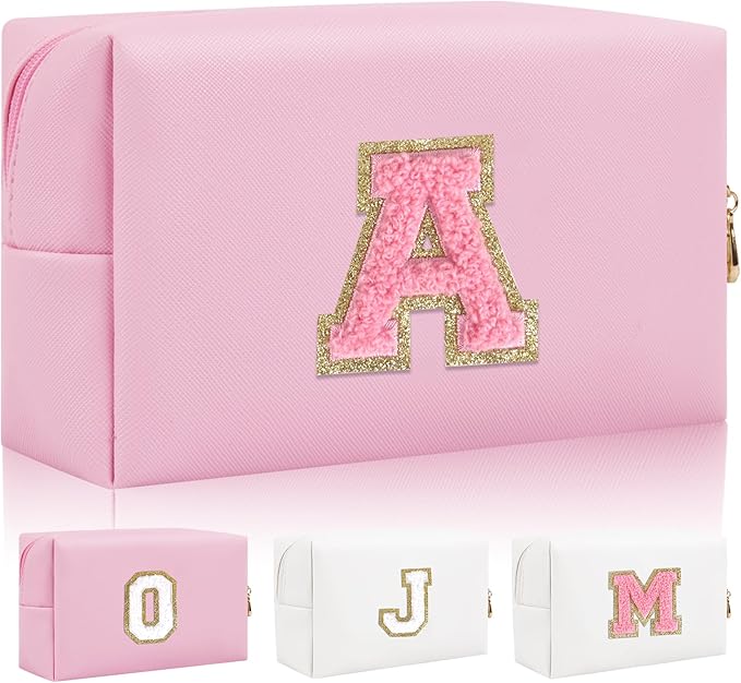 Personalized Initial Letter Patch Makeup Bag, Preppy Small Chenille Cosmetic Bag with Zipper, PU Leather Waterproof Travel Toiletry Bag Monogram Make Up Pouch for Women Girls