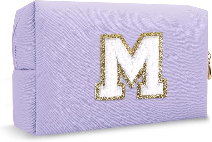 Small Travel Initial Preppy Makeup Bag, Personalized Cute Purple Chenille Letter Cosmetic Organizer Travel Toiltery Zipper Pouch, Waterproof PU Make Up Case Storage Mothers Day Gifts for Mom(Letter M)