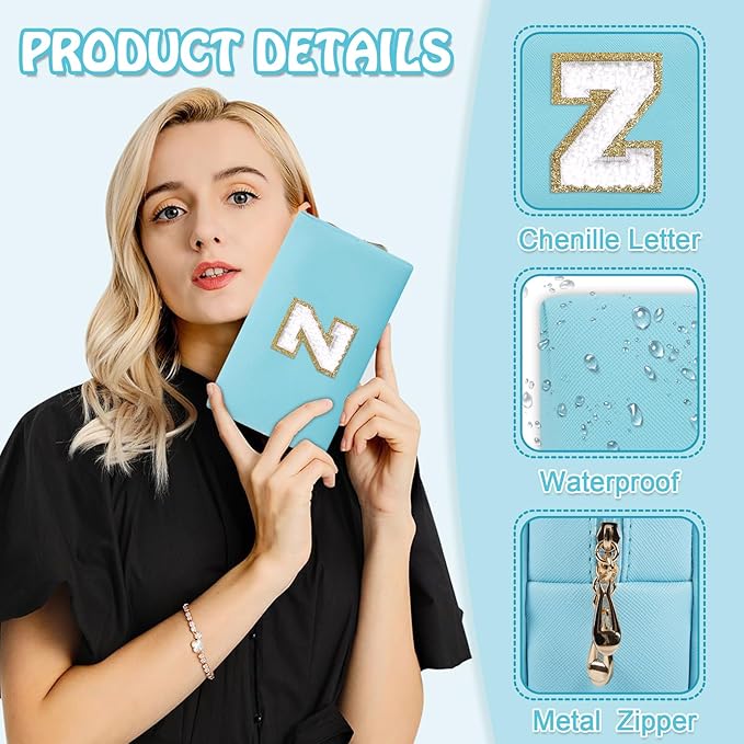 Small Initial Preppy Makeup Bag, Personalized Cute Blue Cosmetic Organizer Chenille Letter Travel Toiletry Zipper Pouch for Purse, Waterproof PU Make Up Case Birthday Gifts for Women Friend(Letter Z)