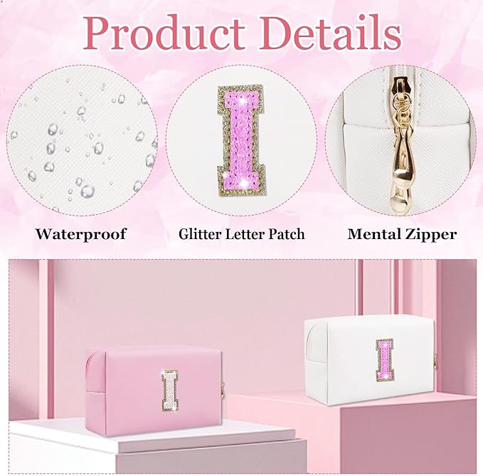 Glitter Initial Letter Makeup Bag, Small Personalized Sequins Letters PU Leather Cosmetic Bag Portable Waterproof Makeup Zipper Pouch, Shine Handbag Organizer Travel Bag Gifts for Women&Girls(White-I)