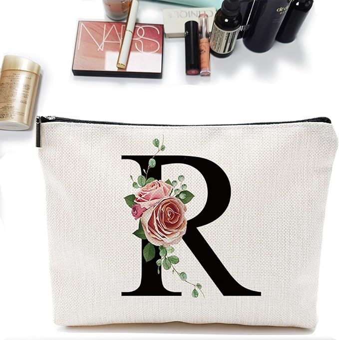 Initial A-Z Personalized Letter Makeup Bag, Monogrammed Bridesmaid Gifts/Presents Cosmetic Bag, Portable Stationery Storage Organizer Pouch, Friendship Love Travel Makeup Bags