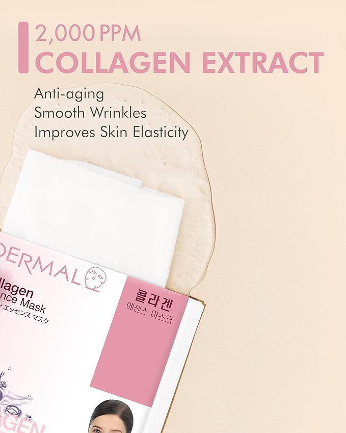 DERMAL Collagen Essence Facial Mask Sheet 23g Pack of 10 - Moisturizing & Firming, Anti Wrinkle, For Healthy Dewy Skin, Daily Skin Treatment Solution Sheet Mask
