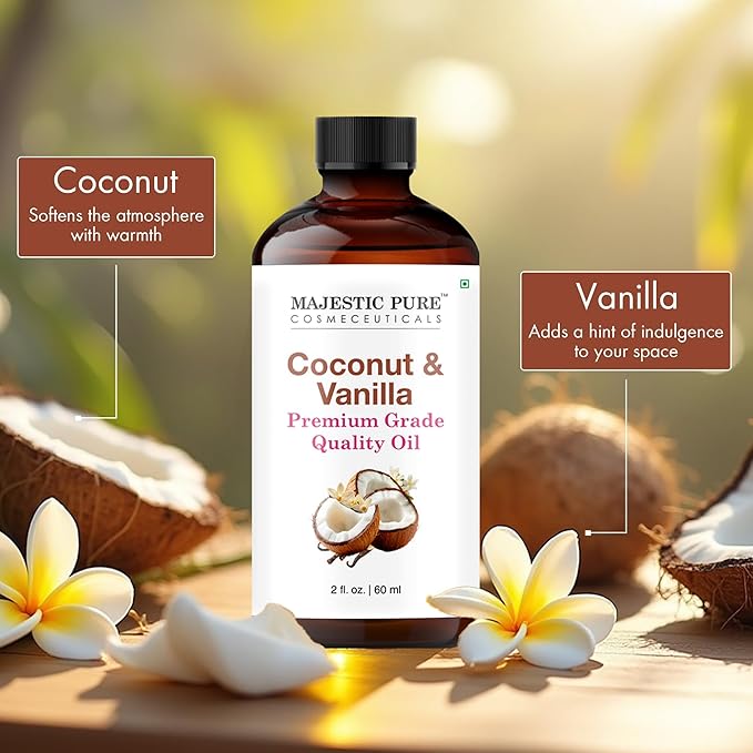 Majestic Pure Coconut Vanilla Essential Oil with Glass Dropper - 2 Fl Oz - 100% Pure and Natural Coconut Vanilla Oil - Premium Grade Essential Oils for Diffuser, Aromatherapy, Soap and Candle Making