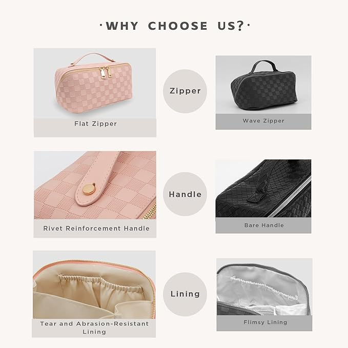 Travel Makeup Bag – Large Cosmetic Organizer with Waterproof PU Leather, Smooth Double Zipper & Tear-Resistant Lining, Toiletry Pouch for Women (Pink)