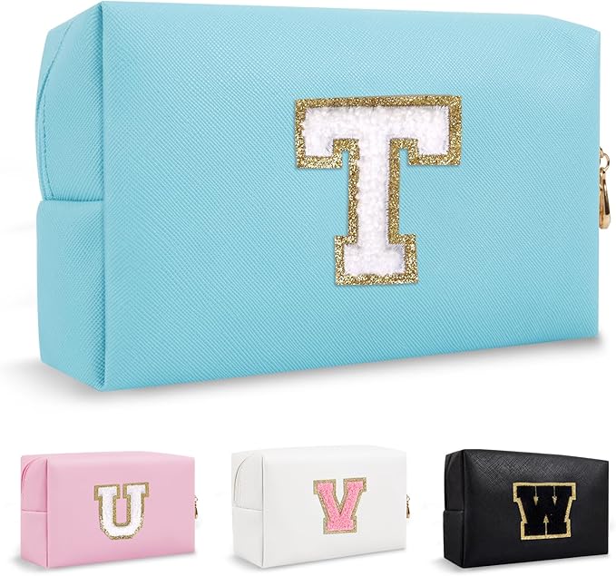 Personalized Small Travel Preppy Makeup Bag, Chenille Letter Blue Cute Makeup Case Initial Cosmetic Pouch Toiletry Organizer, PU Leather Waterproof Makeup Storage Teacher Appreciation Gifts(Letter T)