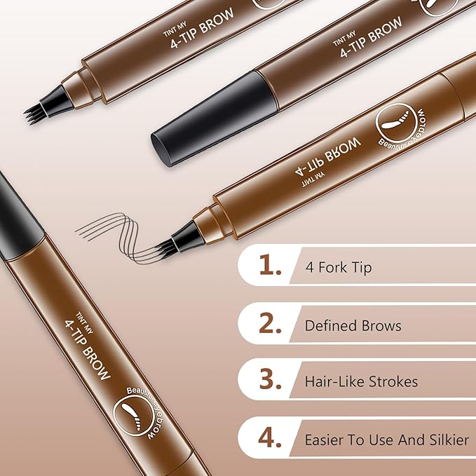 2Pcs Magic Microblading Eyebrow Pencil, 4-Tip Brow Pencil with Micro-Fork Tip, 3D Waterproof Microblading Eyebrow Pen, Eyebrow Tattoo Pen for Natural Makeup (Dark Brown)