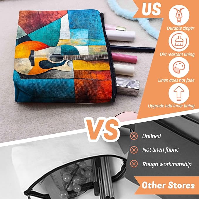 Cosmetic Bags Travel Makeup Toilet Case Waterproof Pouch for Women Girls 6.7X9.45inches - Abstract Guitar in A Multicolored Geometric Composition