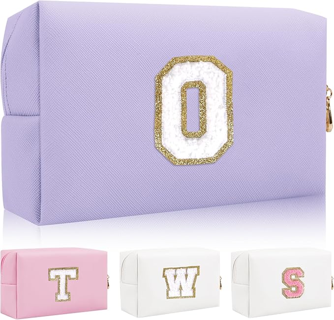 Personalized Initial Letter Patch Makeup Bag, Preppy Small Chenille Letter Cosmetic Bag with Zipper, PU Leather Waterproof Travel Toiletry Bag Monogram Make Up Pouch for Women Girls(Letter O)