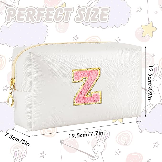 Initial Makeup Bag Personalized Preppy Travel Small Cosmetic Bag Cute PU White Chenille Letter Makeup Pouch for Purse Waterproof Zippered Toiletry Organizer for Women Girls Kids Friends (Z)