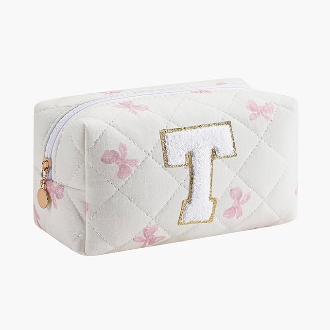 Gleyemor Personalized Initial Makeup Bag for Women, Cute Quilted Pink Floral Cotton Cosmetic Bag, Christmas Gifts for Her Mom Friend Sister Bridesmaid Teacher Women T