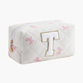 Gleyemor Personalized Initial Makeup Bag for Women, Cute Quilted Pink Floral Cotton Cosmetic Bag, Christmas Gifts for Her Mom Friend Sister Bridesmaid Teacher Women T