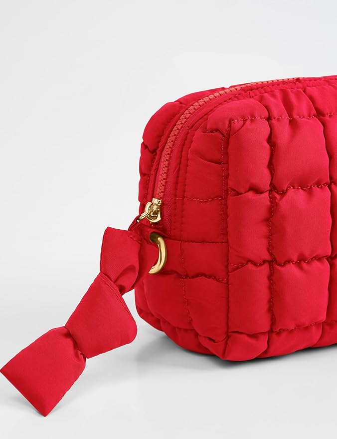 Yarnic Quilted Makeup Bag Puffy Cosmetic Bag, Travel Toiletry Bag for Women, Cute Makeup Bag Organizer Puffer Makeup Pouch (S, Red)