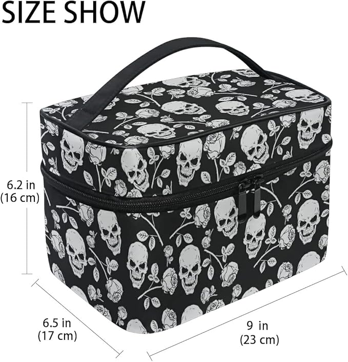 Skull Makeup Bag, Skull Rose Gothic Makeup Organizer Bags Toiletry Bag Box Travel Cosmetic Bag Make Up Train Case for Women Teen Girl Ladies