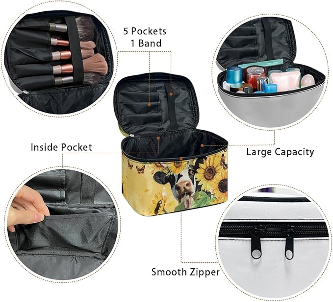Cute Sunflower Cow Print Travel Makeup Bag for Women Yellow Large Capacity Cosmetic Bag with Zipper and Handle Portable Brushes Case Toiletry Bag Make Up Organizers and Storage Bags
