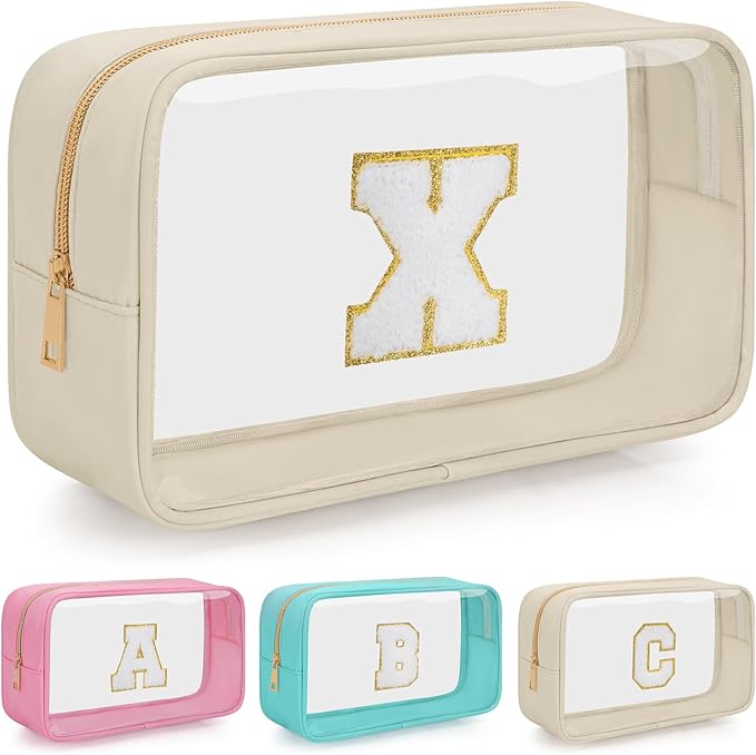 Personalized Initial Clear Makeup Bag, Travel Chenille Patch Cosmetic Bag, Preppy Toiletry Bag Monogram Cosmetic Pouch with Zipper, Ideal Gift for Teen Girls Women (Clear-Beige, X)