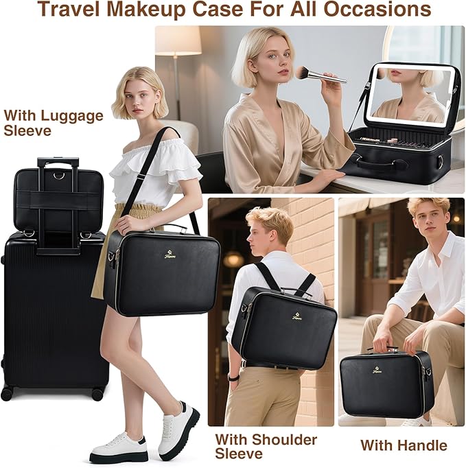 Large Makeup Bag with LED Mirror,Travel Cosmetic Train Case for Makeup Artists,Makeup Organizer Case with Divider Rechargeable Vanity Mirror with 3 Color Lights for Barber,MUA,Nail Tech, Black