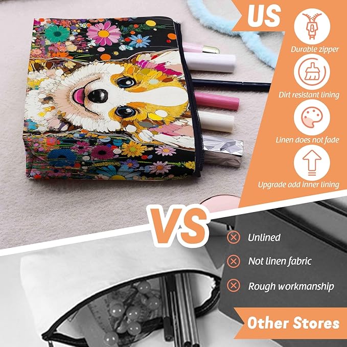 Cosmetic Bags Travel Makeup Toilet Case Waterproof Pouch for Women Girls 6.7X9.45inches - Cute Corgi Surrounded By Brightly Colored Flowers