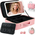 15''X11'' Large Makeup Bag with Removable Lighted Mirror, Professional Travel Makeup Train Case PU Leather Cosmetic Make up Organizer with Adjustable Dividers & Brush Storage Board