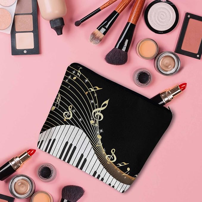 Women Makeup Organizer Bag Piano Music Notes Instrument Piano Flax Cosmetic Bag Makeup Bags Toiletry Bag Accessories Organizer Travel Bags For Home Bathroom Office Hotel Gym Black Golden