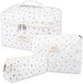 Large Makeup Bag Set, Quilted Makeup Bag, Floral Cosmetic Bag for Women, Cute Cotton Makeup Bags, Flower Travel Toiletry Organizer Bag (white)
